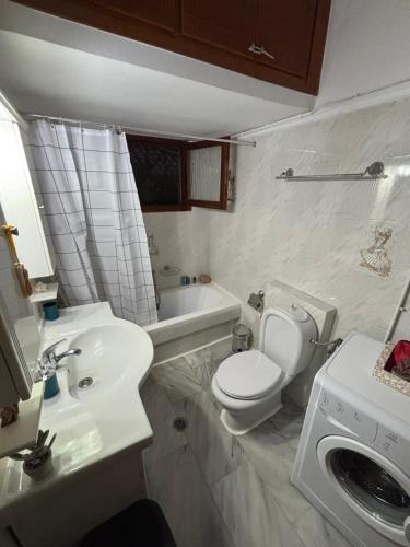 a bathroom with a toilet and a sink and a tub at The Village Corner in Politika
