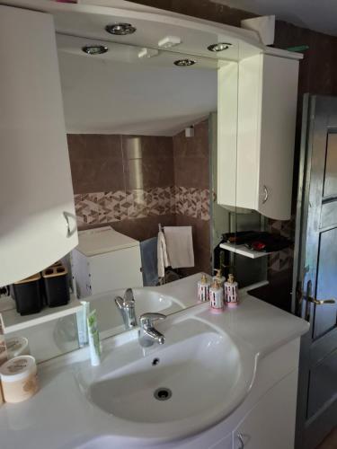 a bathroom with a white sink and a mirror at Vila Jelka in Kremna