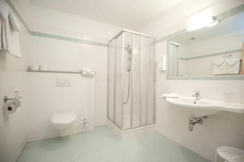 a bathroom with a shower and a toilet and a sink at Flackl - Wirt in Reichenau