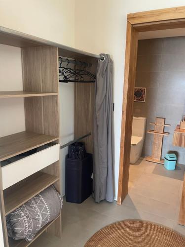a room with a closet with a shower and a toilet at Le Frangipanier - Appartement de luxe 3 chambres, 3 sdb, Péreybère in Pereybere