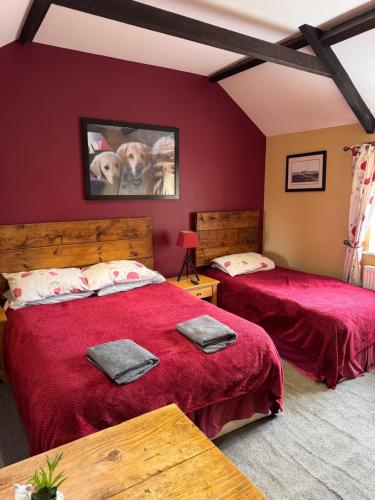 two beds in a room with red walls at Holywell Grange Farm in Whitley Bay