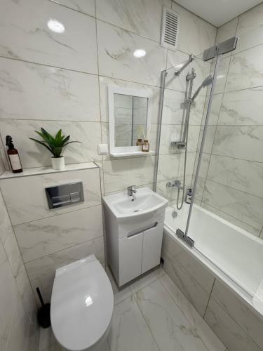 a bathroom with a toilet and a shower and a sink at Smiltelė apartamentai in Varėna