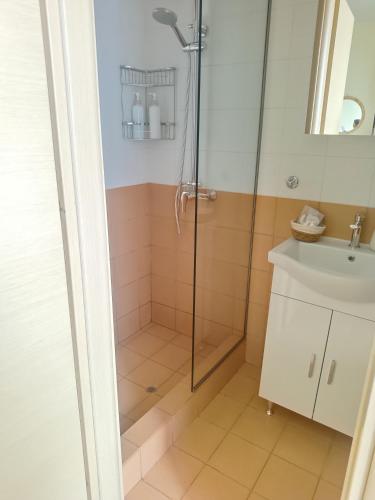 a bathroom with a shower and a sink at Nicol's apartment in Ermoupoli