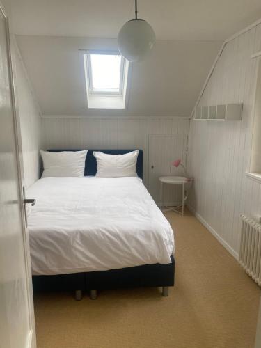 a bedroom with a large white bed with a window at Charming House In Herrliberg in Herrliberg