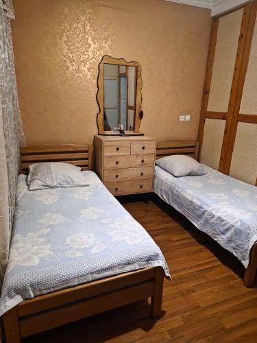 a bedroom with two beds and a dresser with a mirror at 9 Plus - Orbeli in Orbeli