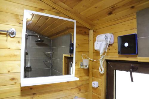 a bathroom with a shower in a wooden wall at Cottage Mildiani in Mestia