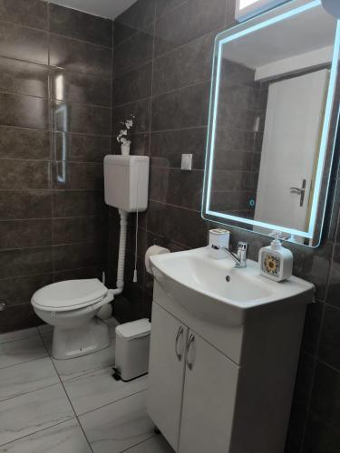 a bathroom with a toilet and a sink and a mirror at Ketty apartments in Niš