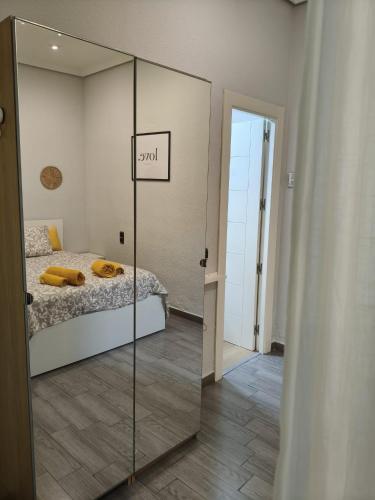 a bedroom with a bed and a glass door with a mirror at El Molar Loft in El Molar