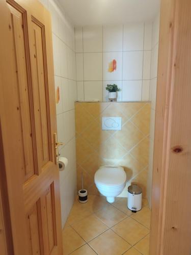 a small bathroom with a toilet in a room at Familienhof Kain in Tiefgraben