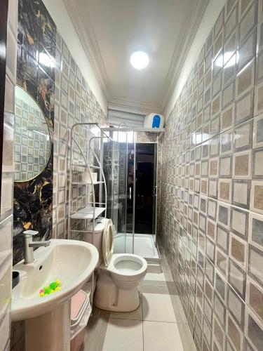 a bathroom with a toilet and a sink and a shower at Luxury studio apartment in Accra