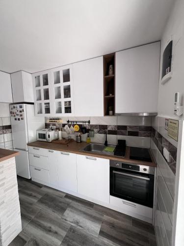 a kitchen with white cabinets and a sink at Sanska 25 in Dušanovac (historical)