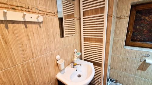 a bathroom with a sink and a toilet and a mirror at Chata uprostred lesa Modrová in Modrová