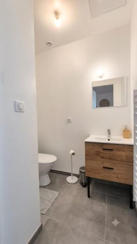 a white bathroom with a sink and a toilet at Duplex du Paradis 2 chambres in Saint-Romain-de-Jalionas