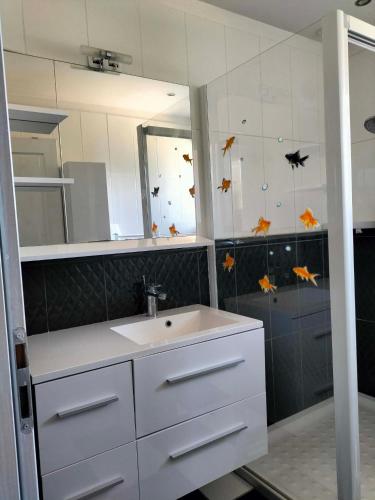 a bathroom with a sink and a mirror at Bienvenu chez moi 