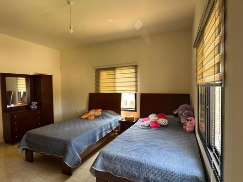 a bedroom with two beds with stuffed animals on them at Countryside Guesthouse in Kafr Nabrakh