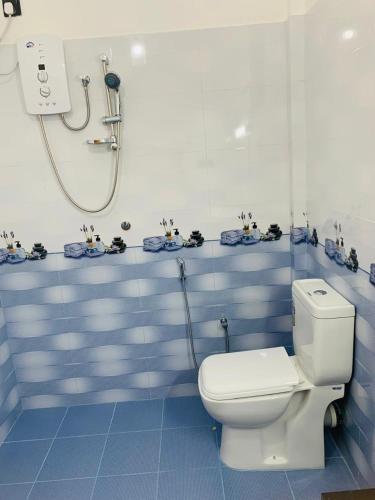 a blue and white bathroom with a toilet and a shower at MARS Lodge home stay in Anuradhapura