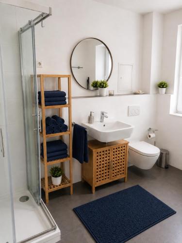 a bathroom with a sink and a mirror and a toilet at Apartments Alma in Pag