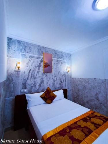 a bedroom with a bed and a blue wall at Skyline Guest House in Kinshasa