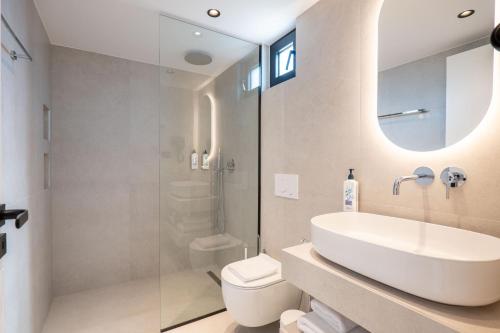 a bathroom with a sink and a toilet and a shower at Maesa Suite in Borsh
