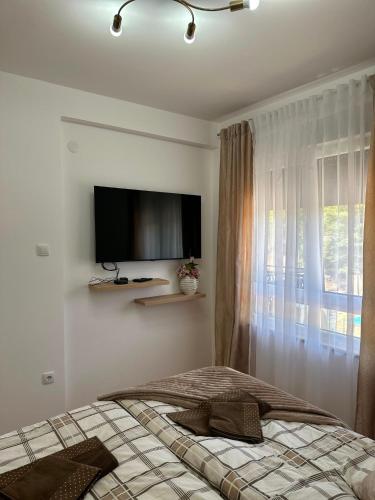 a bedroom with a bed with a television on the wall at Lux Apartman Leša in Vrdnik
