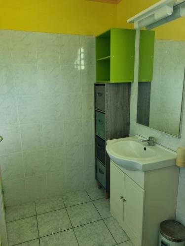 a bathroom with a sink and a mirror at BungalowFlo - Maison de vacances avec Spa in Petit-Canal