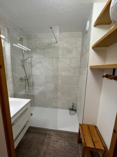 a bathroom with a shower and a toilet and a sink at Duplex la Plagne Montalbert in Aime-La Plagne