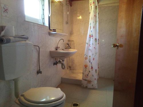 ein Badezimmer mit einem WC, einem Waschbecken und einem Duschvorhang in der Unterkunft Nicolas Rooms in Fiskardo