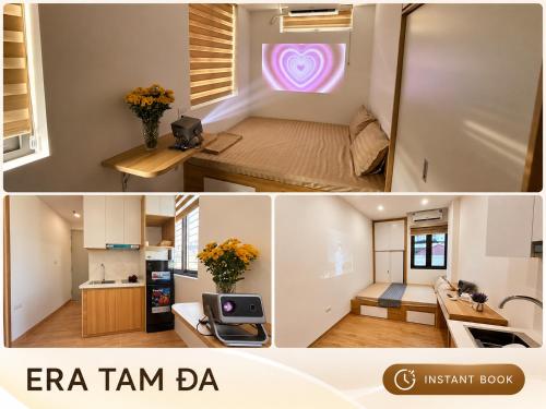 a collage of two pictures of a small apartment at Era Apartment Tam Da in Hanoi