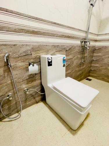 a white toilet in a bathroom with a shower at Double T in Dickwella