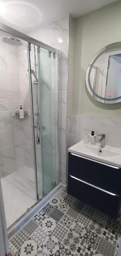 a bathroom with a shower and a sink and a mirror at Les Fleurs de La Brise in Nueil-sous-Faye