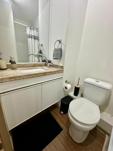 a white bathroom with a toilet and a sink at Departamento Valle Escondido in Concepción