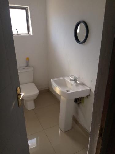 a bathroom with a sink and a toilet and a mirror at R&N Hosts Mokhotlong in Mokoeng