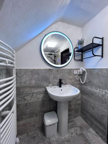 a bathroom with a sink and a mirror at Casa Coltea in Moieciu de Jos