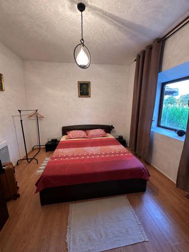 a bedroom with a large bed in a room with a window at Casa de Vacanta Sarinasuf in Sarinasuf