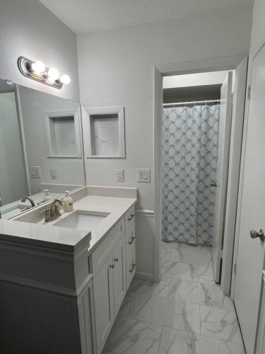 a white bathroom with a sink and a shower at Cozy Tampa Home in Tampa