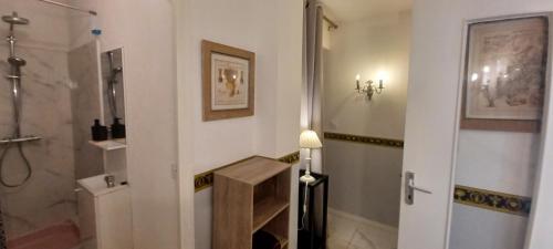 a bathroom with a shower and a toilet and a sink at Appartement Jardin et Spa in Valras-Plage
