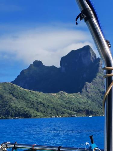 a view of a mountain from a boat at Voyager autrement in Moorea