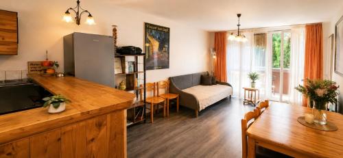 a living room with a kitchen and a living room with a couch at 2-Zimmer Apartment Sofia, gemütlich wie zu Hause in Offenbach