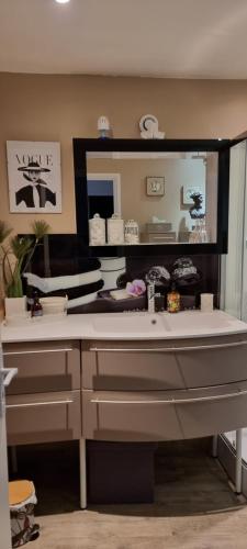 a bathroom with a sink and a mirror at Gite De Charme in Ganac