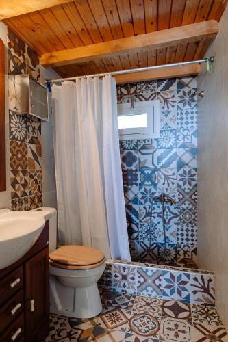 a bathroom with a toilet and a shower curtain at Mareliva Retreat in Trinísia