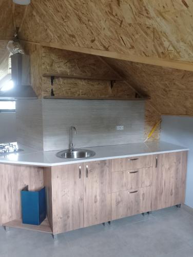 a kitchen with a sink and wooden cabinets at Hotel Nia in Ureki