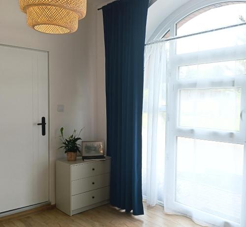 a room with a window with a blue curtain at Sowia Dziupla in Zagórze Śląskie