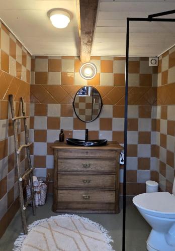 a bathroom with a sink and a mirror at Fuglsang Langeland in Tranekær