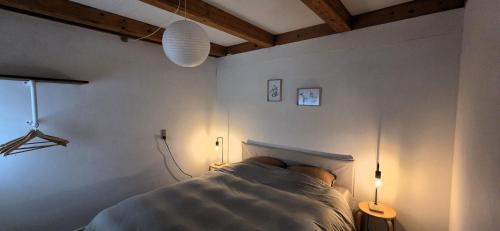 a man sleeping in a bed in a bedroom with two lights at Fuglsang Langeland in Tranekær
