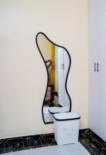 a bathroom with a toilet and a mirror at Godly Homes 5km frm Weiteithie! 4BR mdrn home in Ruiru