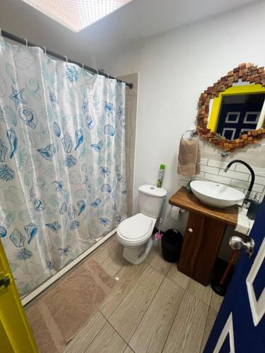 a bathroom with a toilet and a sink and a shower curtain at Apartahotel Casa Azul Salento in Salento