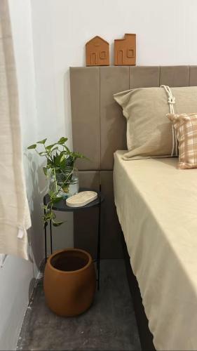 a bedroom with a bed with a plant and a side table at Loft Moderno in Mossoró