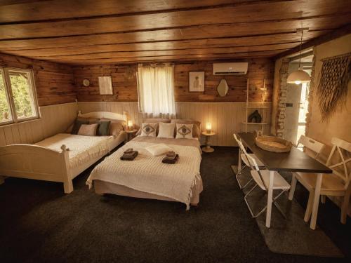 a bedroom with two beds and a table and a desk at Slunečná Chalet in Velké Chvojno