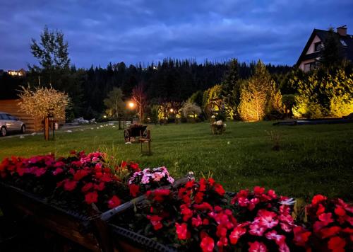 a field with flowers and a cow in a yard at Pensjonat u Ani in Zakopane