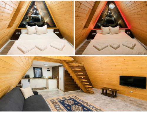 two pictures of a room with a bed and a staircase at Căsuțele Ritei in Săpânța